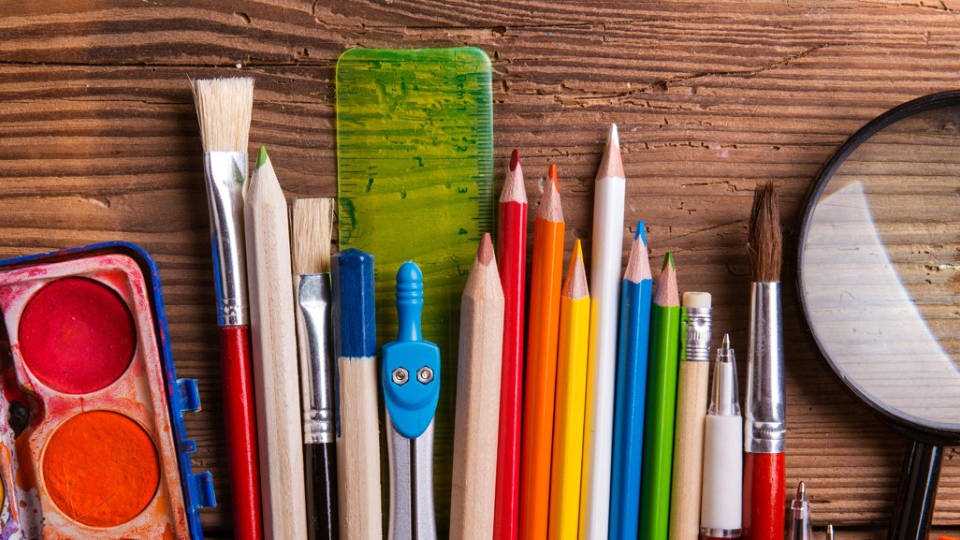 Coloured pencils and paint