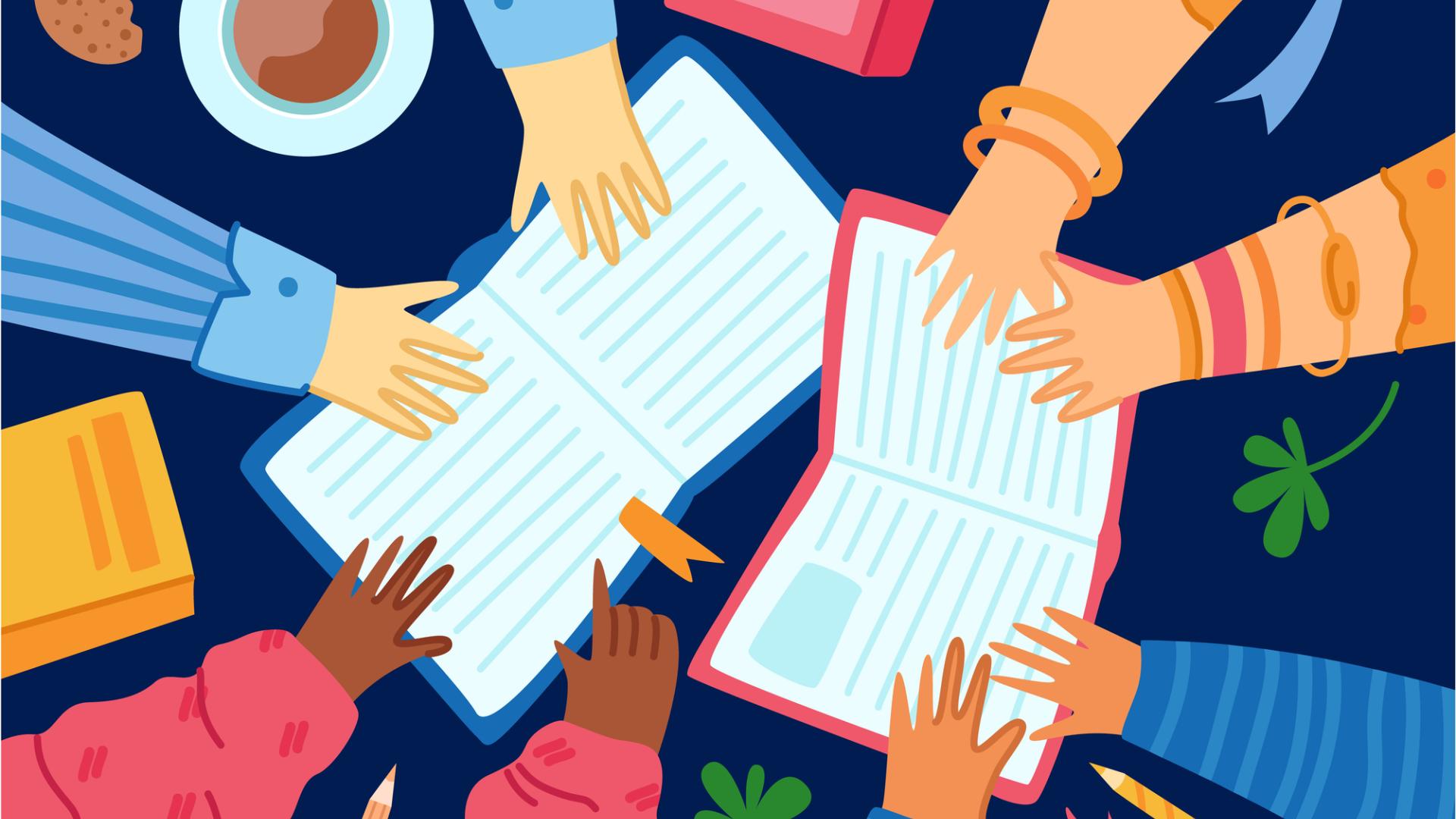 Illustration of hands reaching into the middle and holding two open books