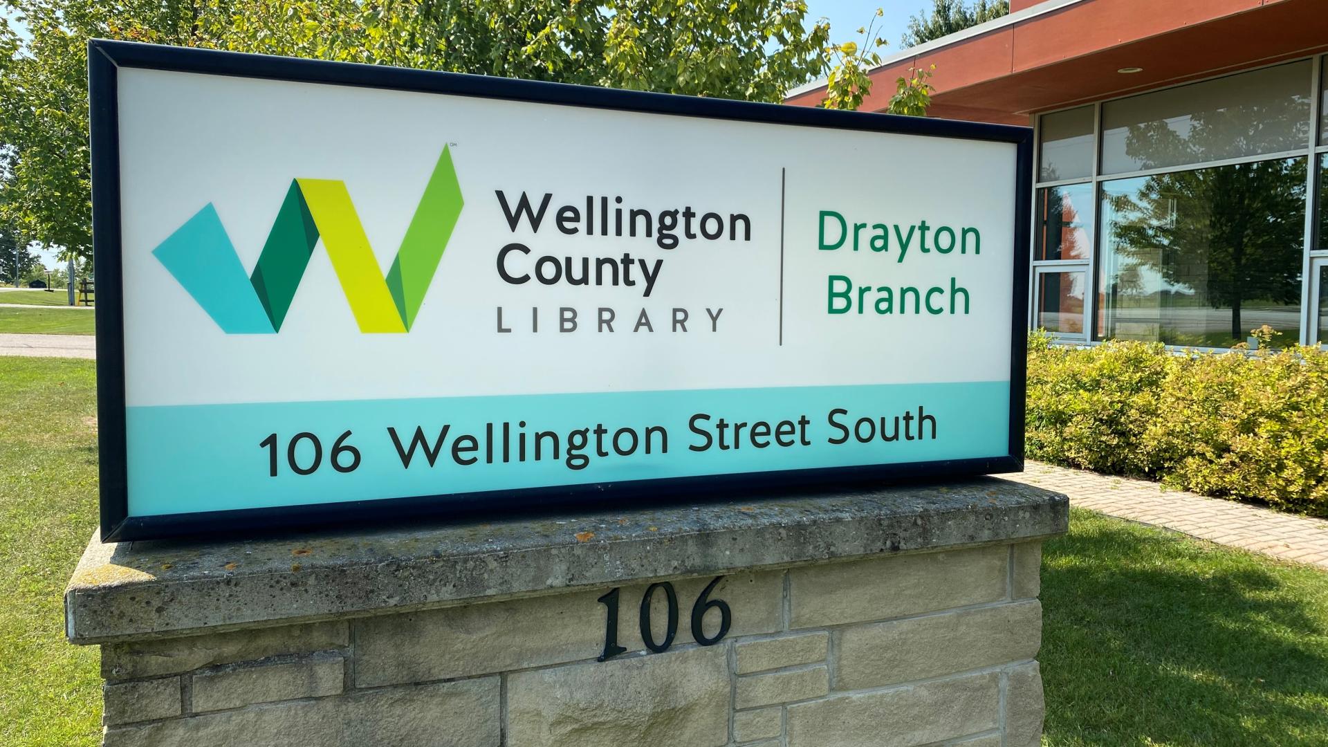 Photo of outdoor business sign at Wellington County Library Drayton Branch
