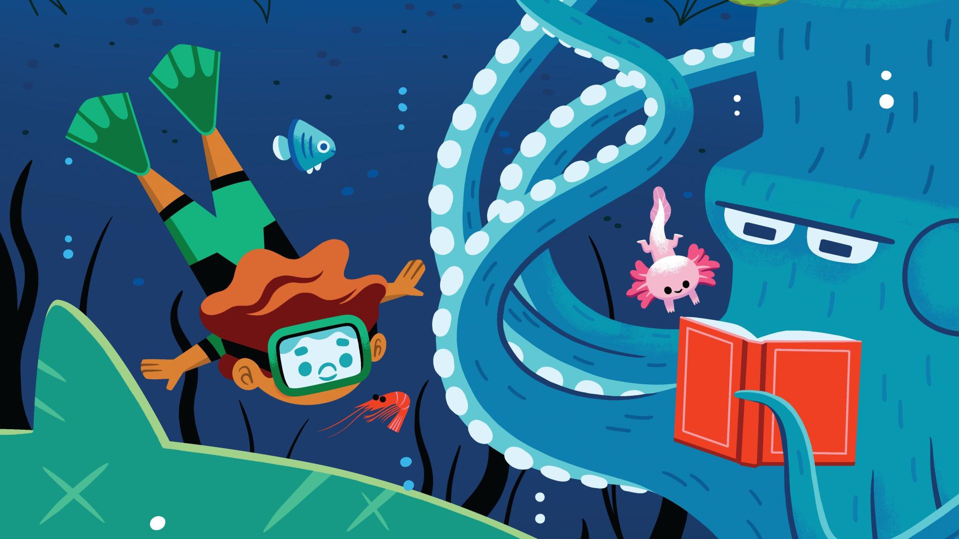 Illustration of a scuba diver encountering a giant octopus reading a book