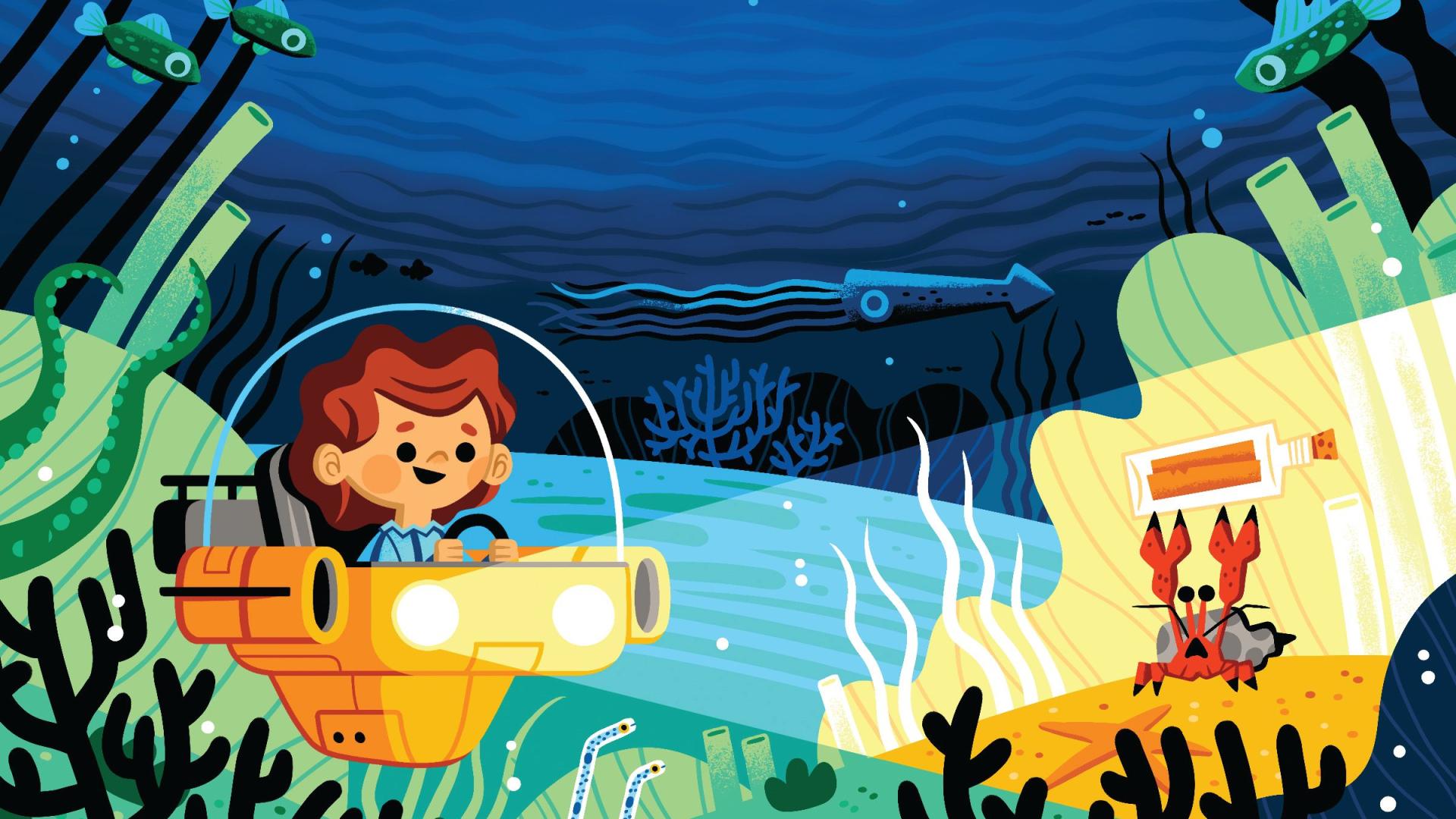 Illustration of a kid in a submarine spotlighting a crab with a message in a bottle