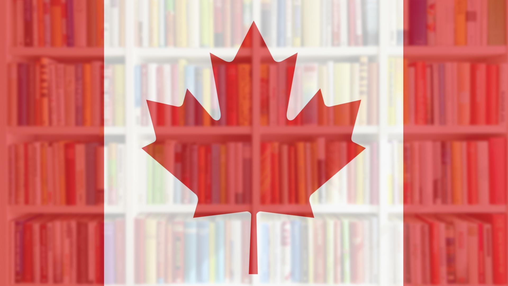 A transparent Canadian flag with bookshelves behind it