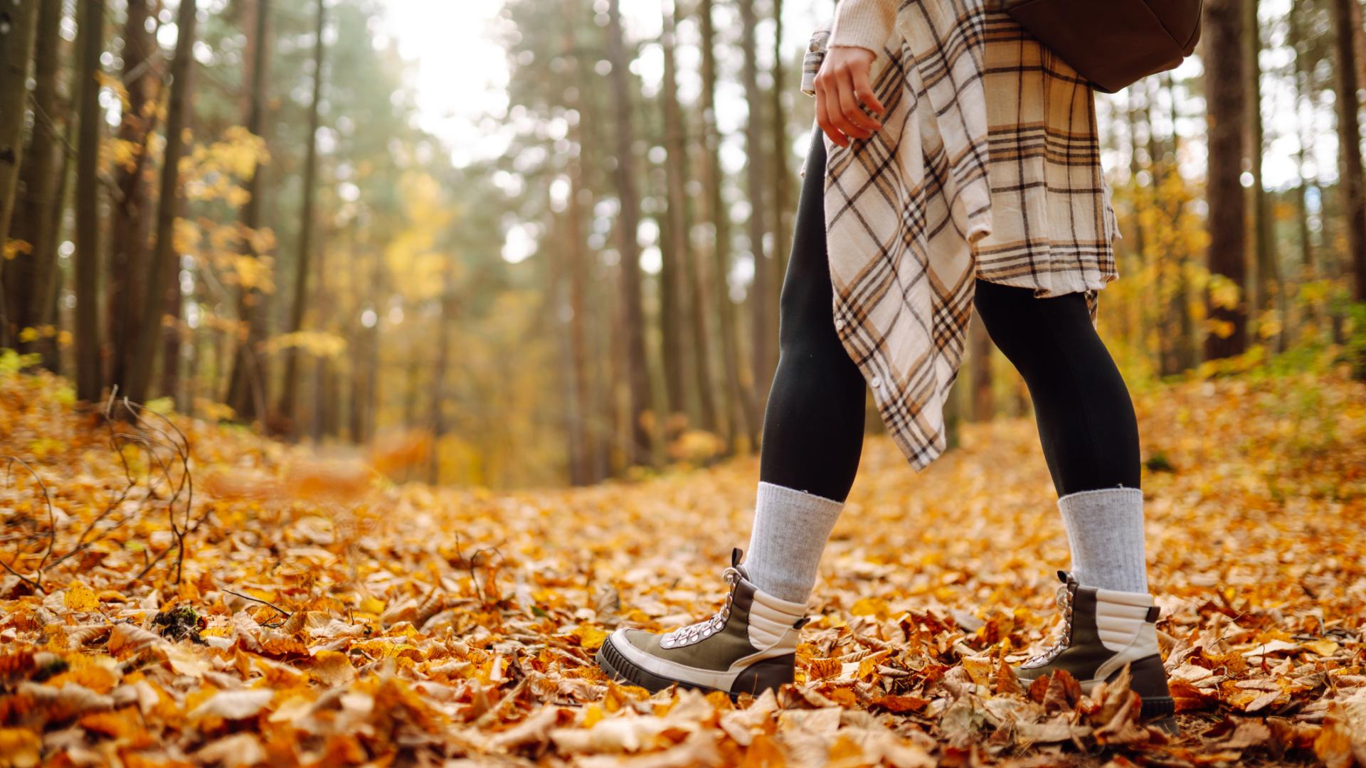 A hiker stands with fall leaves on the ground and autumn trees to either side of a walking trail