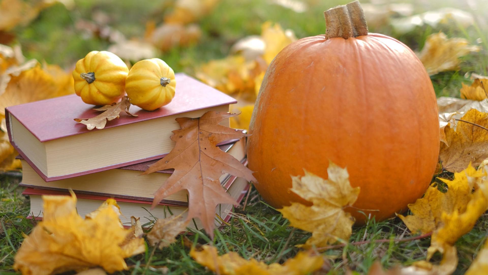 A pumpkin sits on the grass with books and autumn leaves