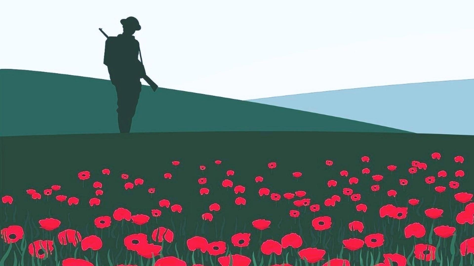 An illustration of a soldier standing on a hill with red flowers in the foreground.