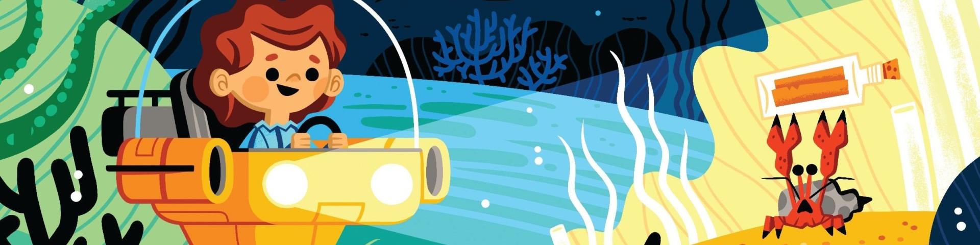 Illustration of a kid in a submarine spotlighting a crab with a message in a bottle