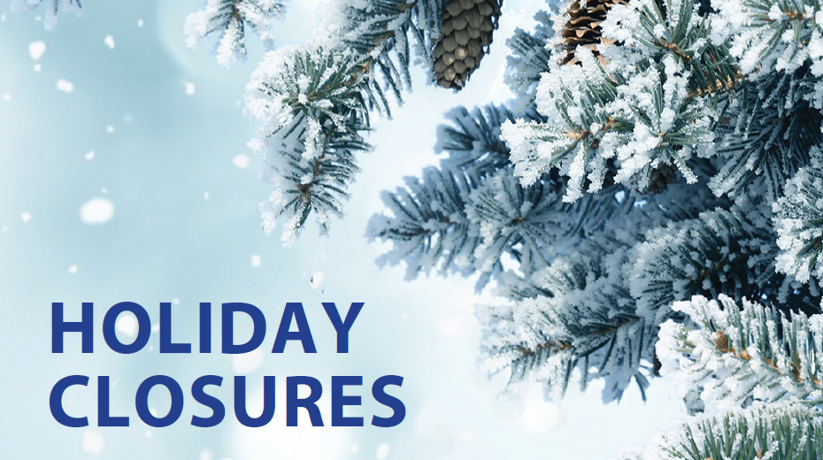 Words holiday closures with background of snow and trees