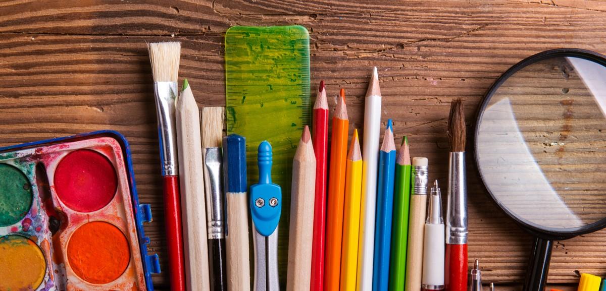 Coloured pencils and paint