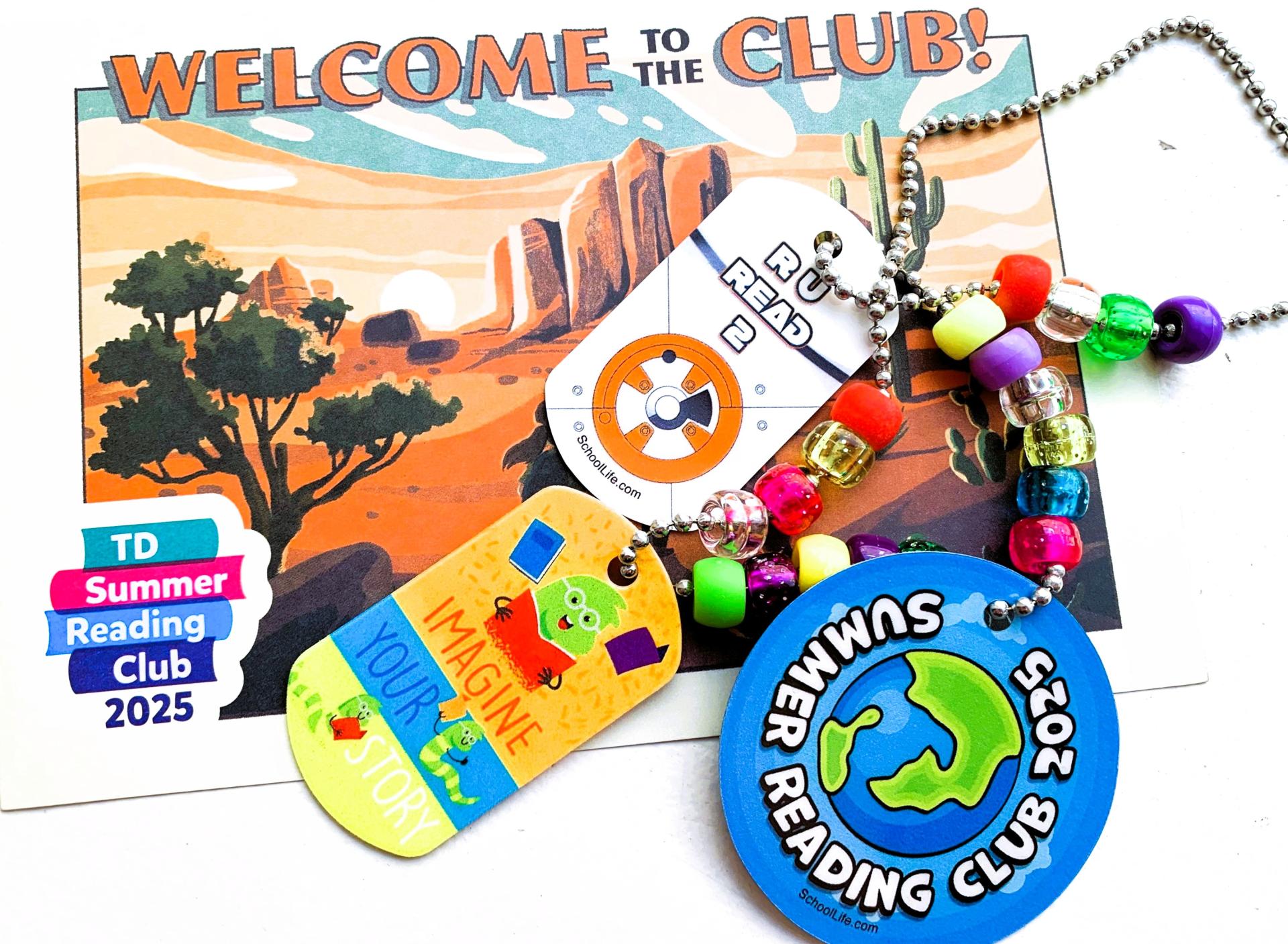 Dog tags for kids on a chain necklace lying on top of a postcard that says Welcome to the Club