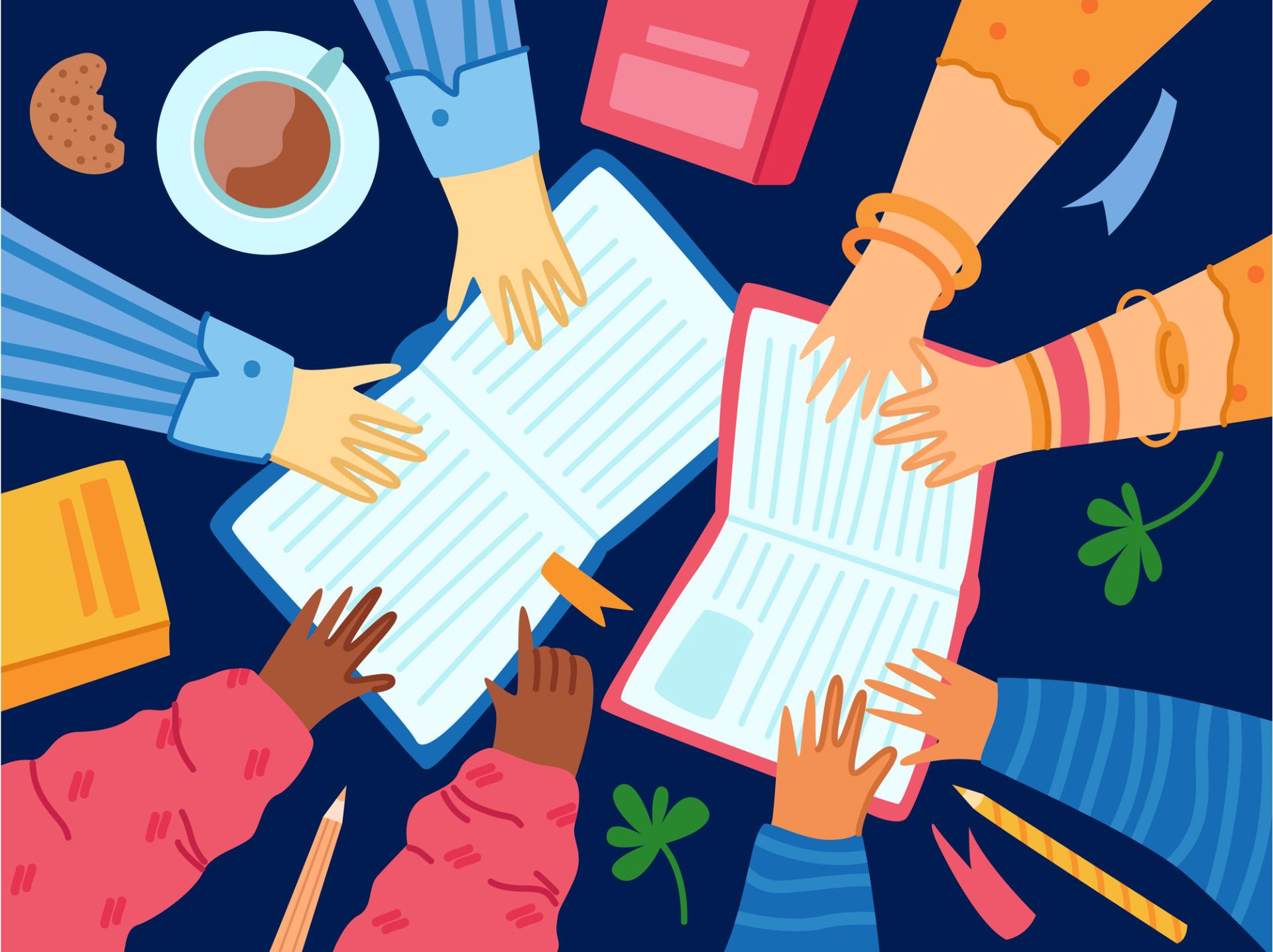Illustration of hands reaching into the middle and holding two open books