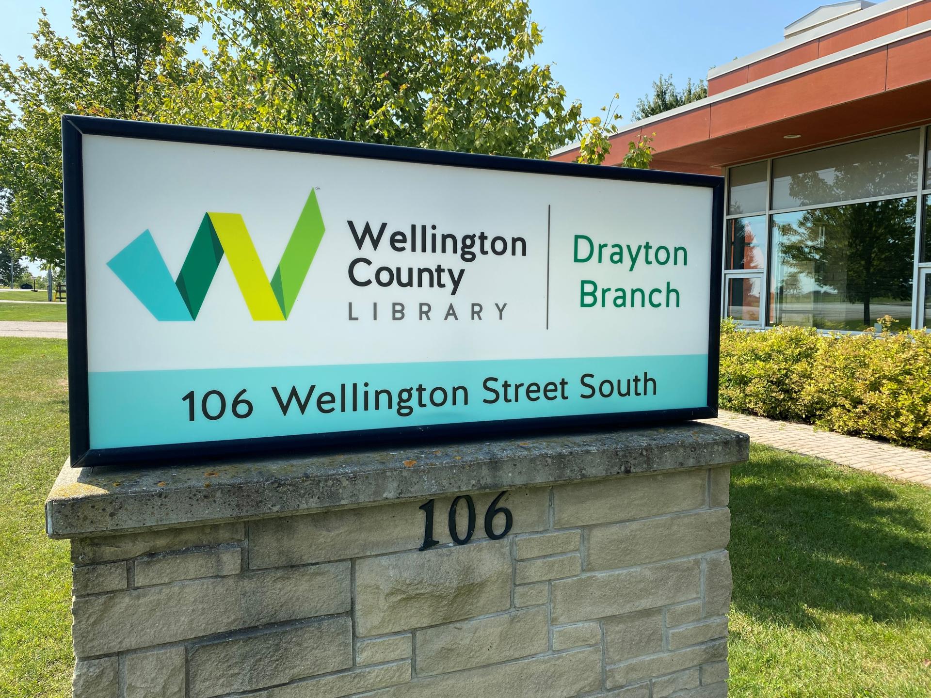 Photo of outdoor business sign at Wellington County Library Drayton Branch