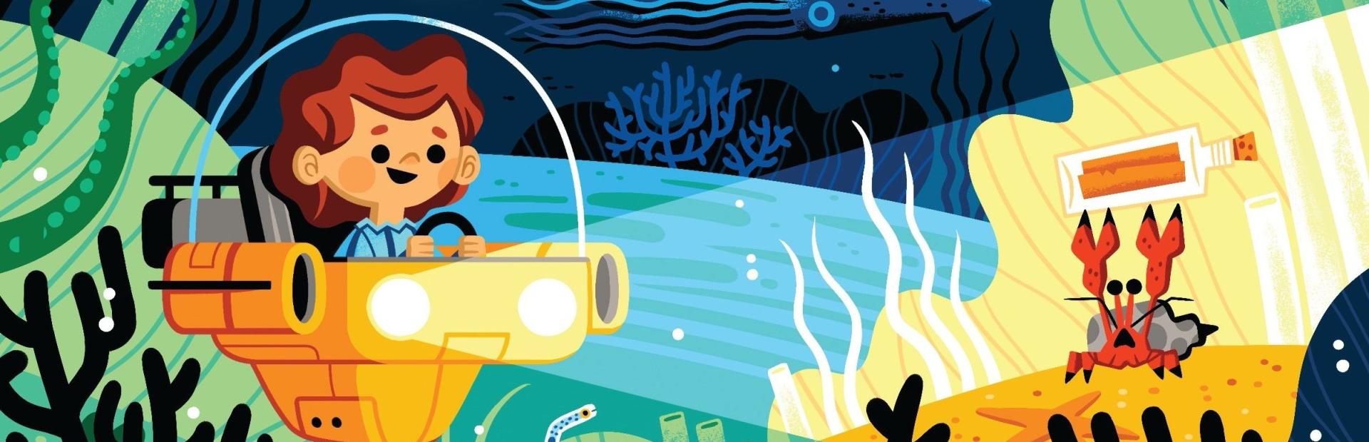 Illustration of a kid in a submarine spotlighting a crab with a message in a bottle