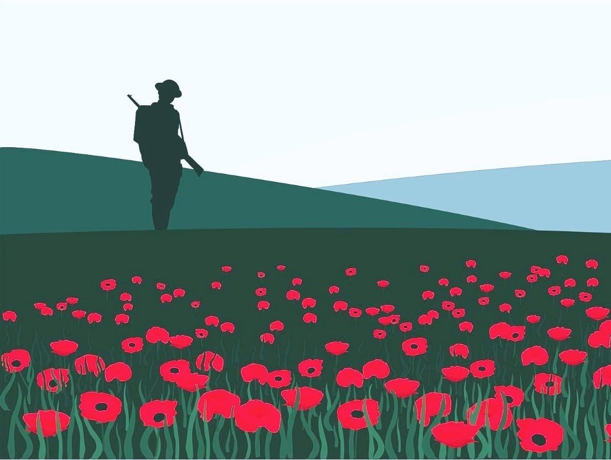 An illustration of a soldier standing on a hill with red flowers in the foreground.
